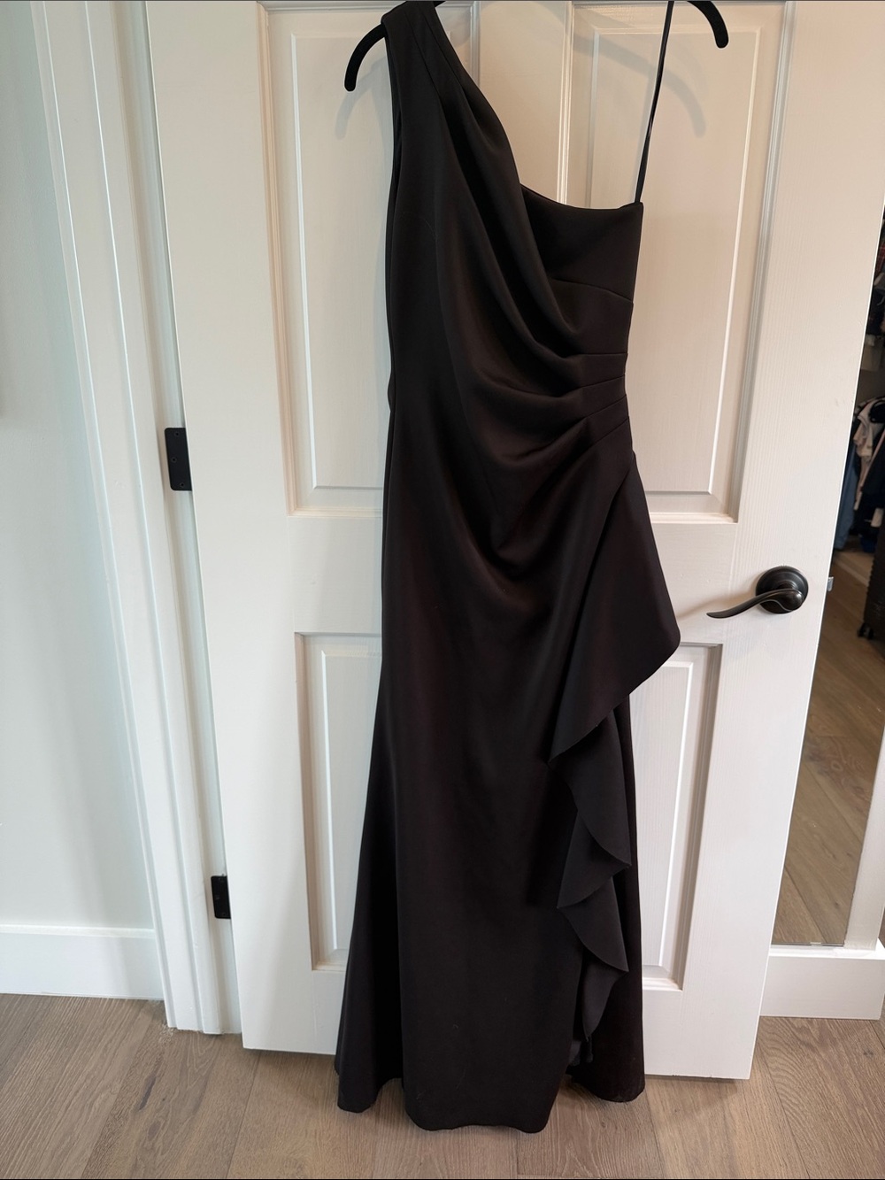 ✨WEDDING SEASON!✨Xscape One-Shoulder Black Draped Evening Gown